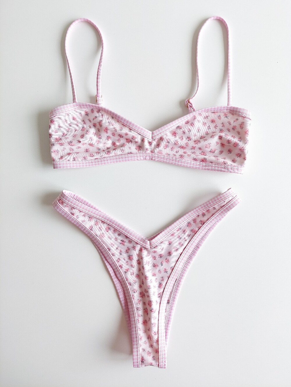 Strawberry Milk Mob Bikini Set S Top+Bottom Pink White Multi Floral Print Swim